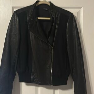 Theory black leather fabric motorcycle jacket size large